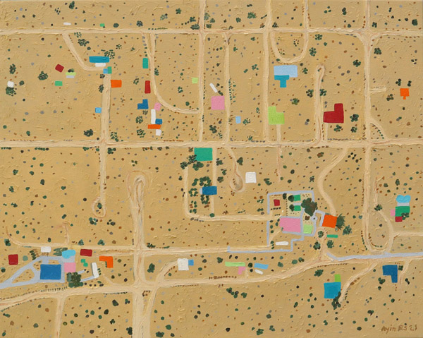 Los Angeles mixed media artist, Ayin Es: Above Sunburst, abstract desert aerial landscape painting.