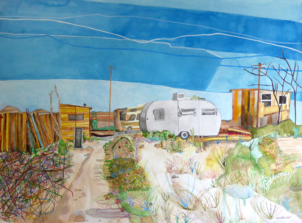 Los Angeles mixed media artiist, Ayin Es: Off the Grid, watercolor on Arches paper: desert landscape painting with trailer.