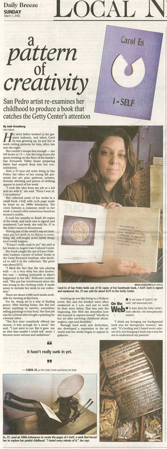 A Pattern of Creativity: Los Angeles mixed media book artist creates artwork purchased my the Getty Museum, Daily Breeze feature, March, 2006